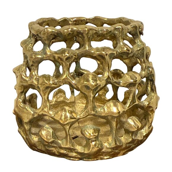 Brutalist Brass Votive Candle Holder MCM Openwork Honeycomb Design Korea - Picture 3 of 8